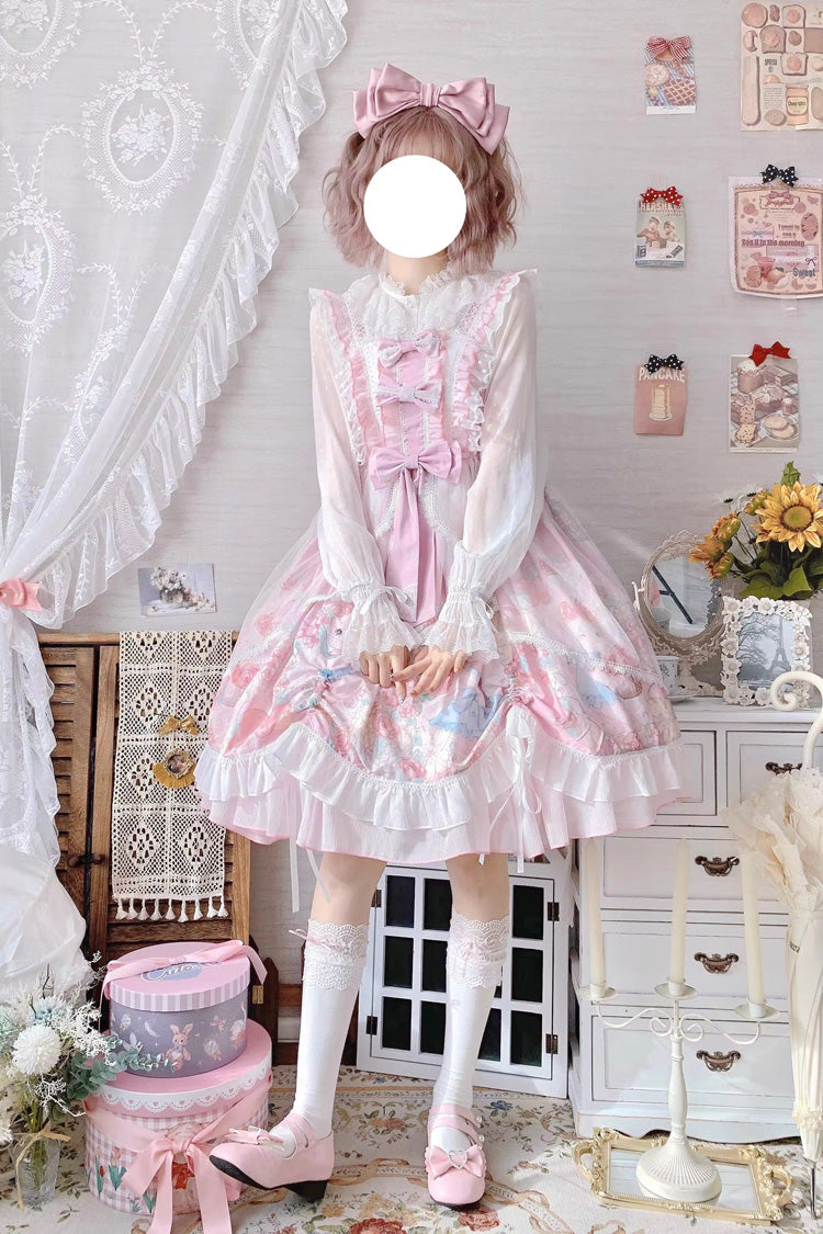 Pink Sleeveless High Waisted Rabbit Print Ruffle Bowknot Sweet Lolita Jsk Dress