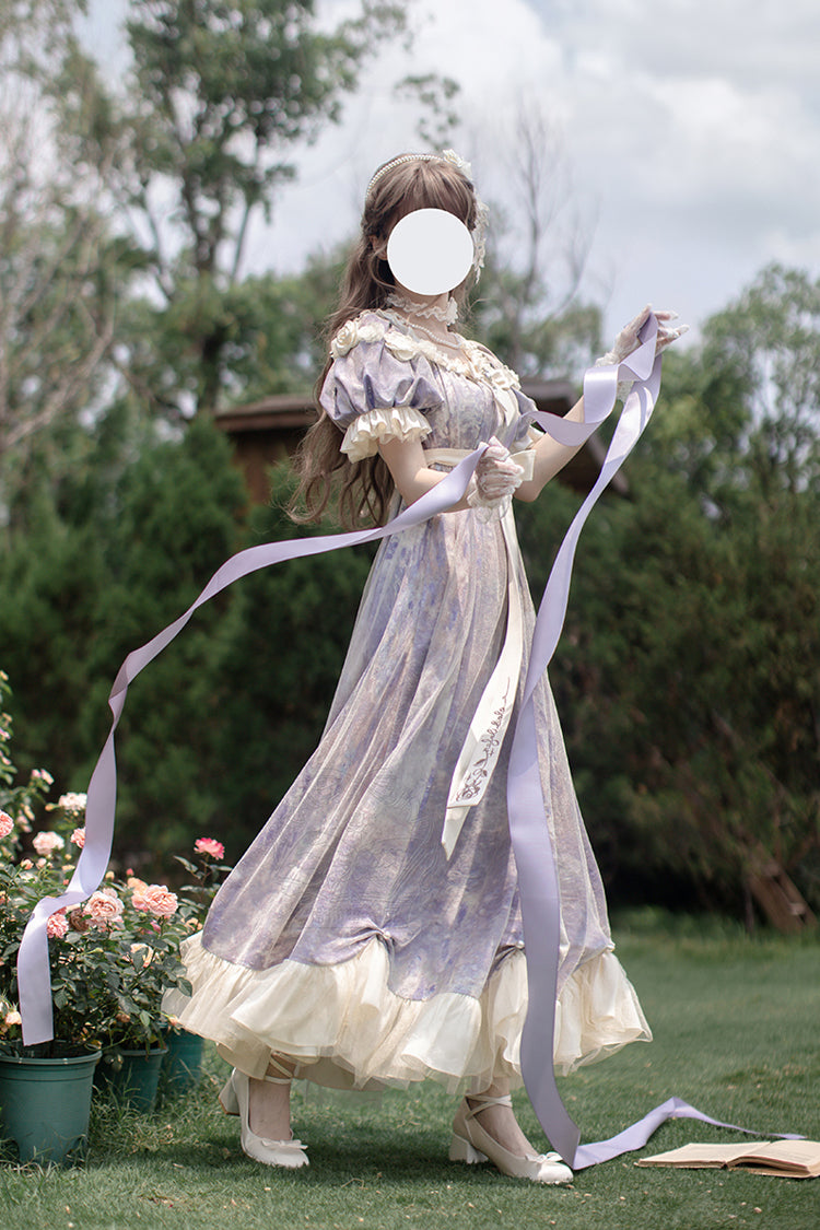 Robe Lolita Princesse Douce à Manches Courtes Imprimée avec Volants et Nœud Papillon [Poème de Peinture à l'Huile Soleil et Lune] Violette 