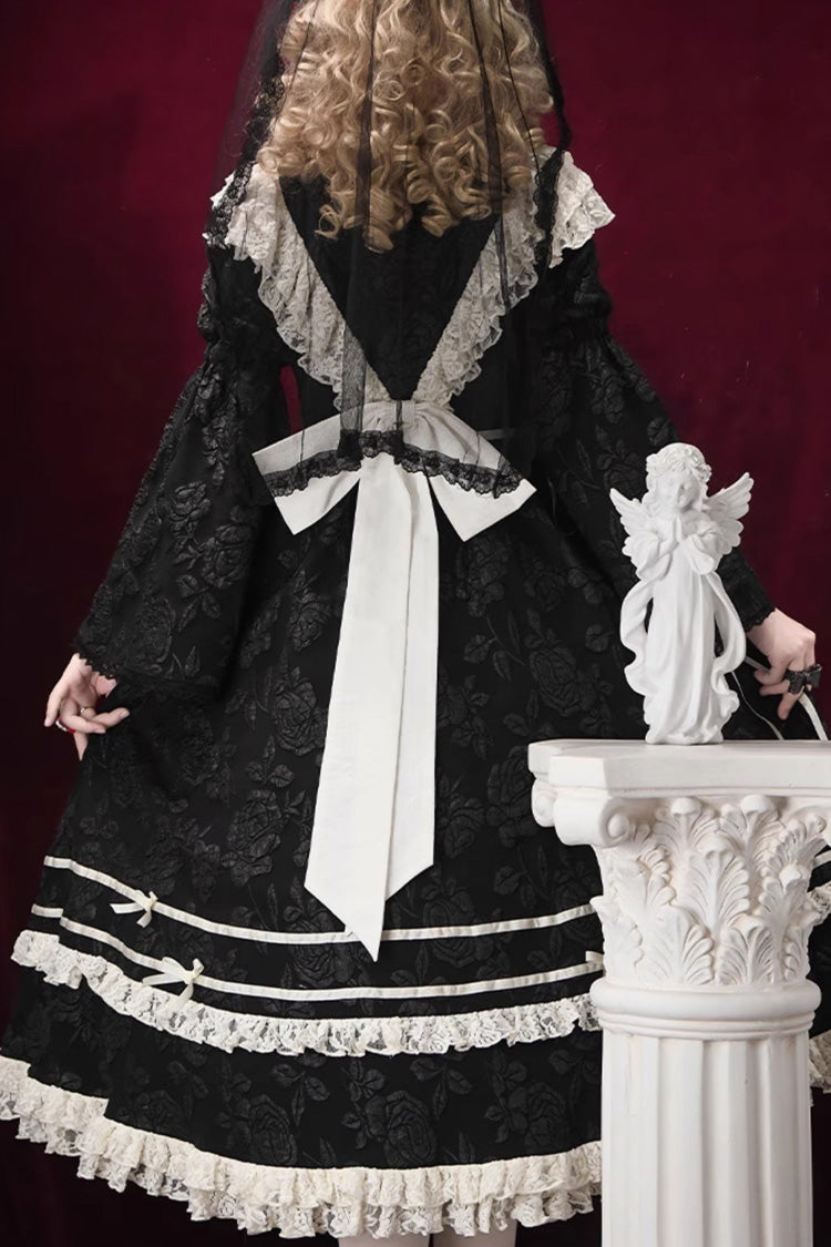 Black [Rose Choir] Double-Layered Ruffle Embroidery Bowknot Lace Gothic Elegant Nun Lolita Dress