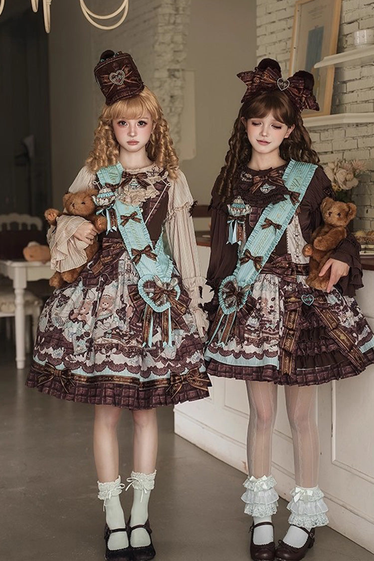 Brown [Teddy Bear Chocolate] Sleeveless Print Ruffle Side Cardigan Bowknot Asymmetric Sweet Lolita Strap Dress