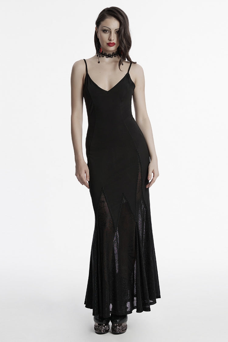 Black Sleeveless Plunging Sipder Stitching Mesh Women's Gothic Party Dress