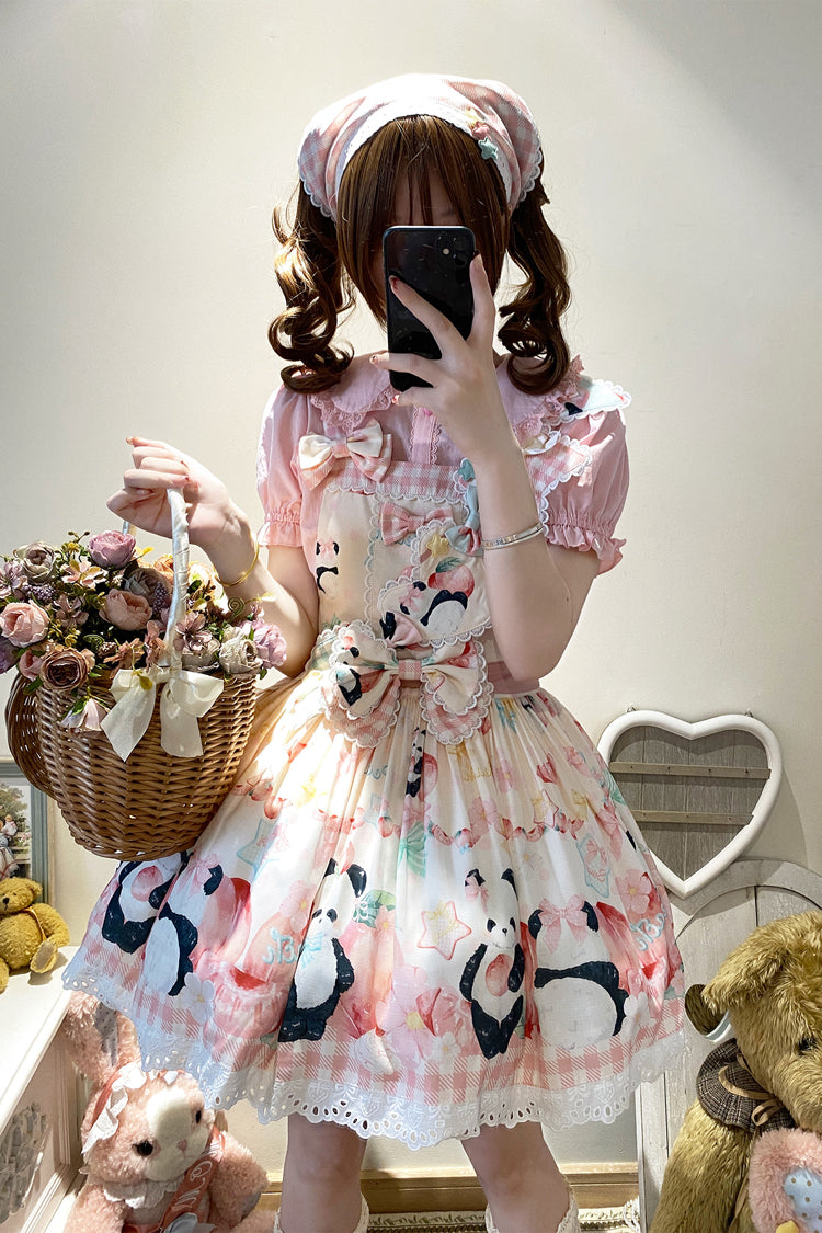 Panda Peach Print Bowknot Sweet Lolita Strap Dress 3 Colors