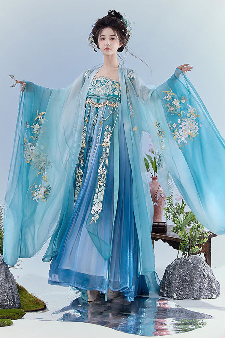 [Emerald Dream] Long Sleeves High Waisted Printed Embroidered Pearl Detail Women's Casual Classic Elegant Hanfu Set