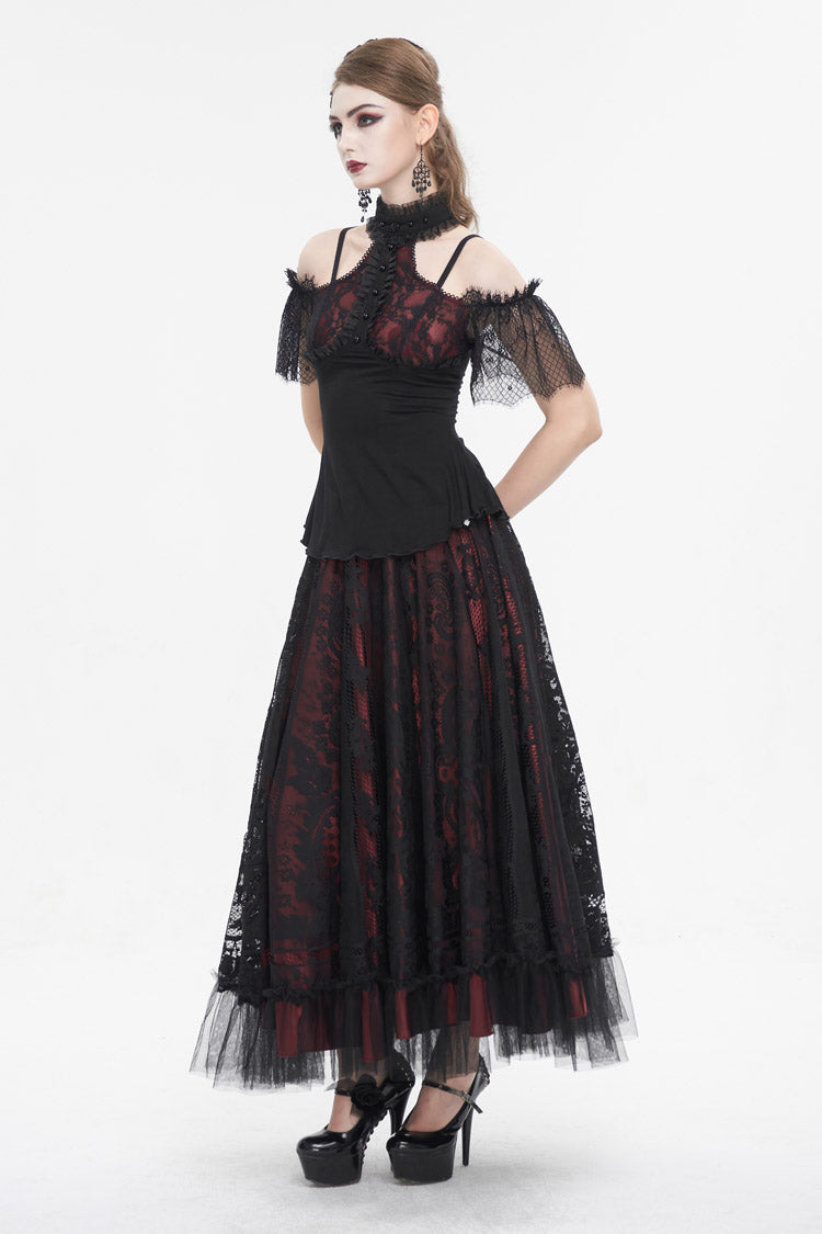 Black/Red Off Shoulder Lace Round Collar Splice Women's Gothic Shirt