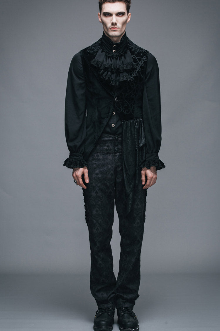 Black Spun Velvet Chinese Frog Button Floral Spiral Pattern Asymmetrical Hem Lace Up Men's Gothic Waistcoat