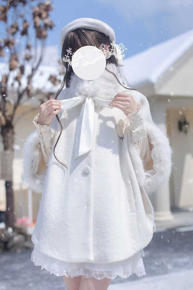 White Long Sleeves Lace Sweet Japanese Lolita Fluffy Cloak Coat