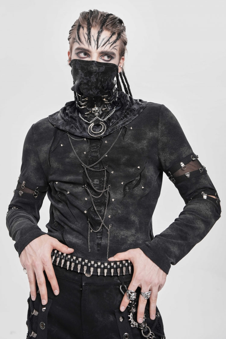 Black Long Sleeves Cutout Rivets Chain Men's Punk Blouse