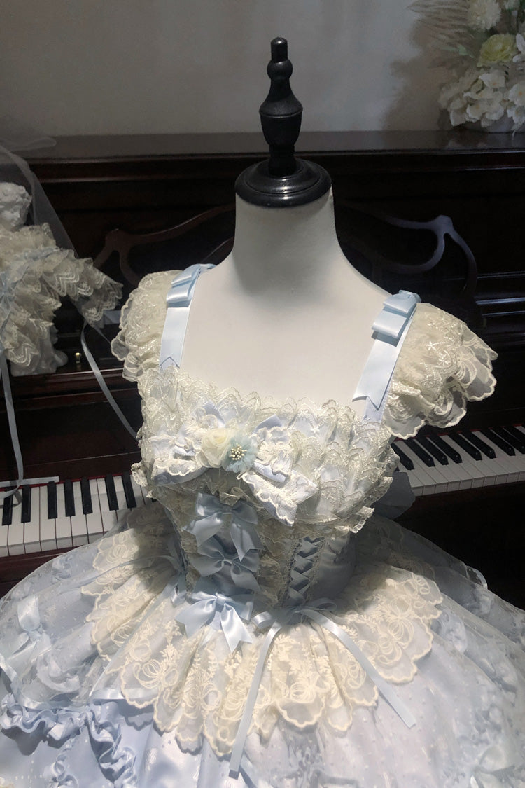 Blue [Dreaming Butterfly] Multi-Layered Jacquard Ruffle Bowknot Lace Sweet Princess Lolita Jsk Dress
