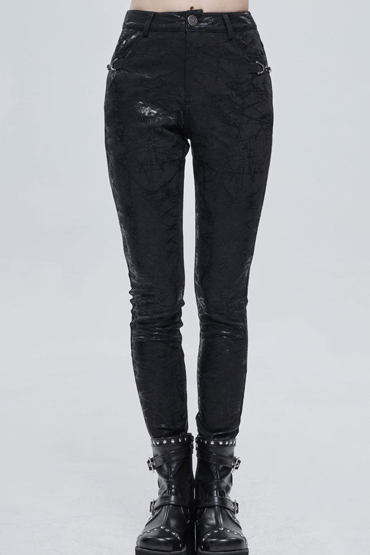 Black Punk Knitted Over Glue Metal Buckle Decoration Elasticity Leather Women's Leggings