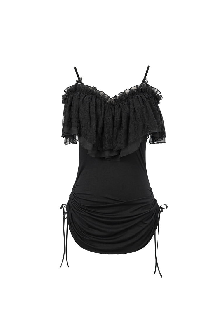 Black Lace Up Off Shoulder Chest Frilly Side Women's Punk T-Shirt