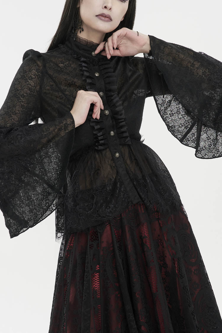 Black Lace Round Collar Flared Sleeved Women's Gothic Shirt