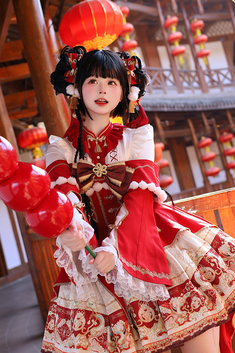 Red [New Year] Print Ruffle Bowknot Lace-Up Sweet Chinese Style Lolita Jsk Dress
