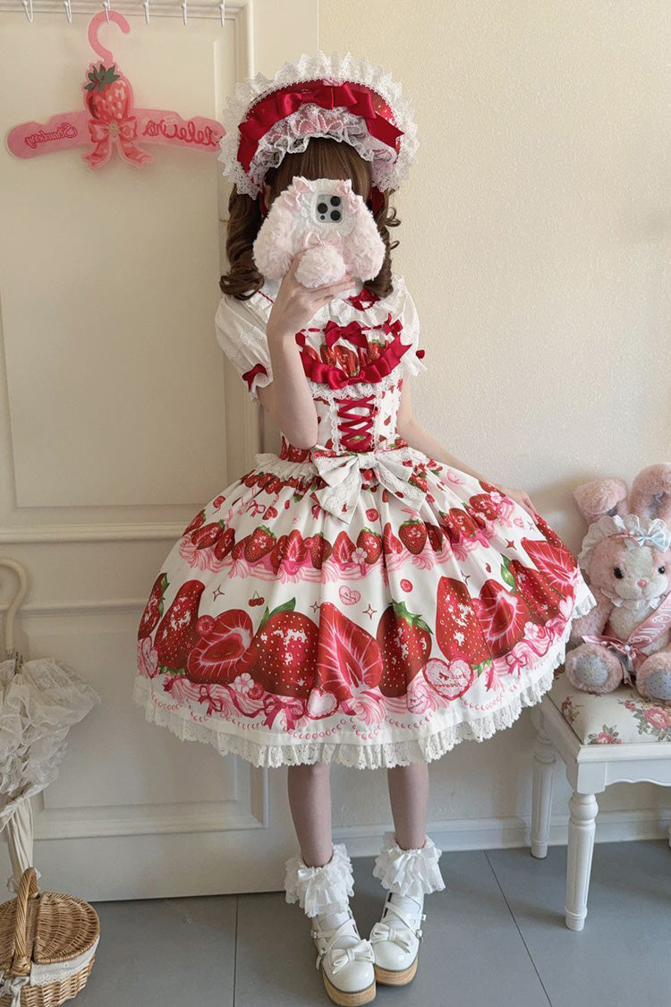 [Süße Beeren Geschichte] Erdbeerprint Rüschen Schleife Spitze Süßes Lolita Jsk Kleid 4 Farben 