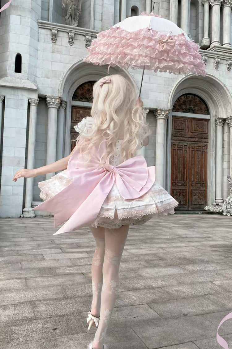 Pink [First Love Rose] Multi-Layered Print Ruffle Bowknot Lace Sweet Lolita Jsk Dress Set