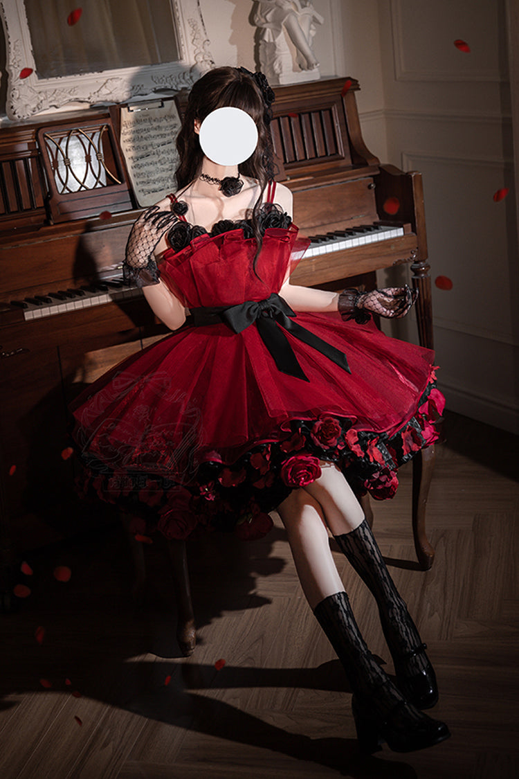 Robe Lolita Princesse Douce Sans Manches à Volants et Nœud Papillon [Bouquet de Nuit Éternelle] Rouge Vin 