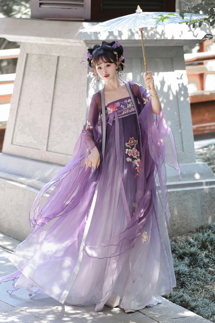 Purple Long Sleeves Embroidery Sweet Tang-style Hezi Hanfu Dress Full Set
