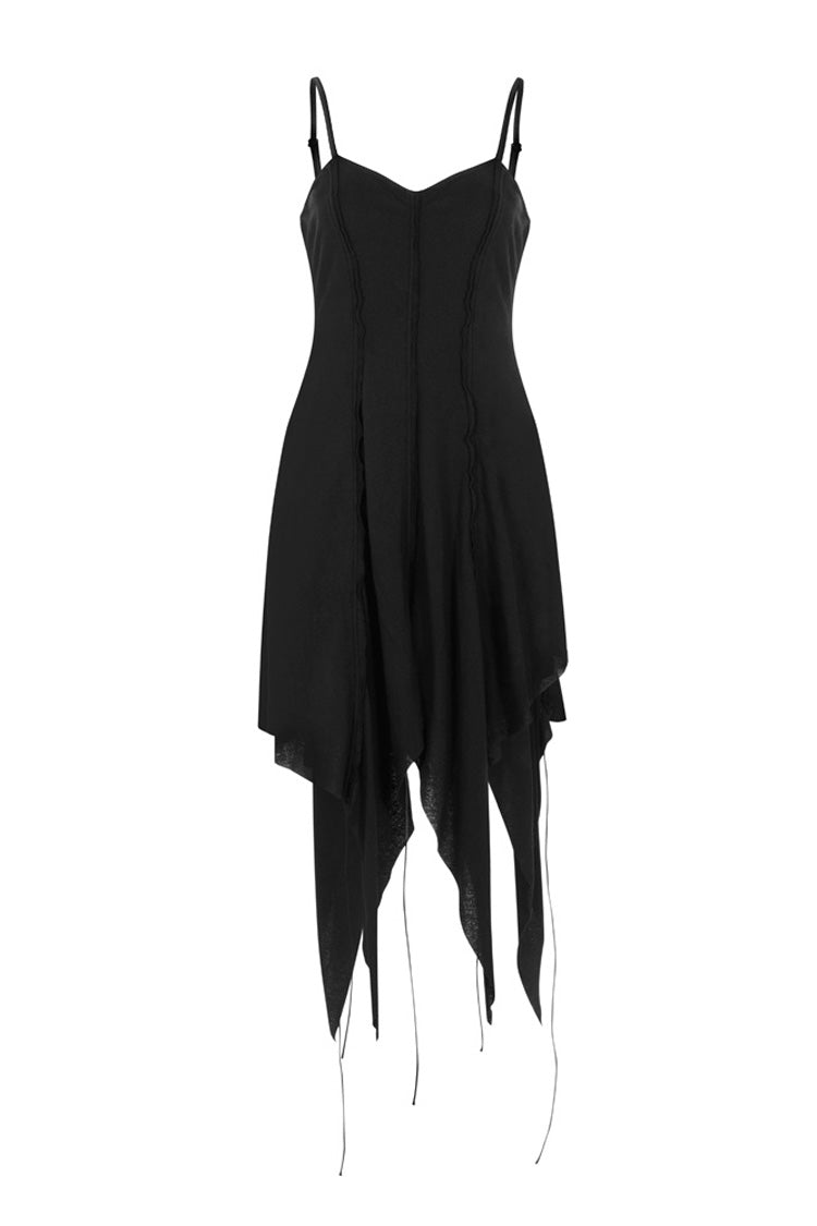 Black Leather Shoulder Strap Irregular Sharp Corner Hem Women's Gothic Sling Dress