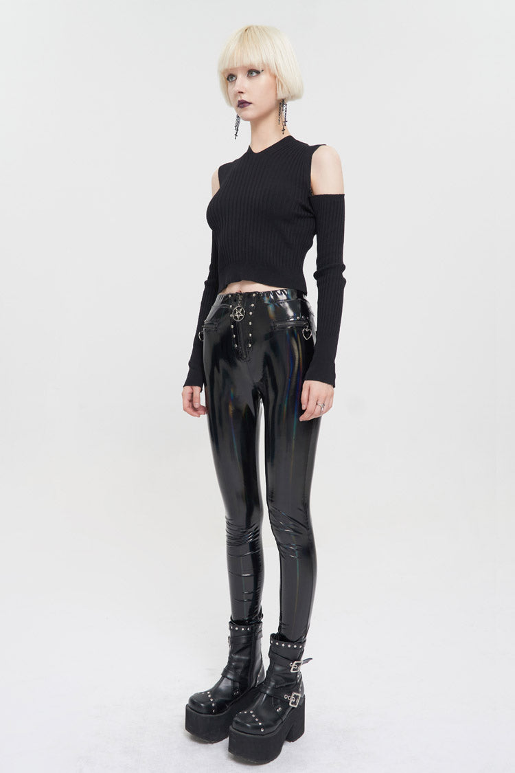 Black Hooded Off-The-Shoulder Back Cutout Rope String Upside Down Pentagram Wool Knit Long Sleeve Women's Punk Sweater