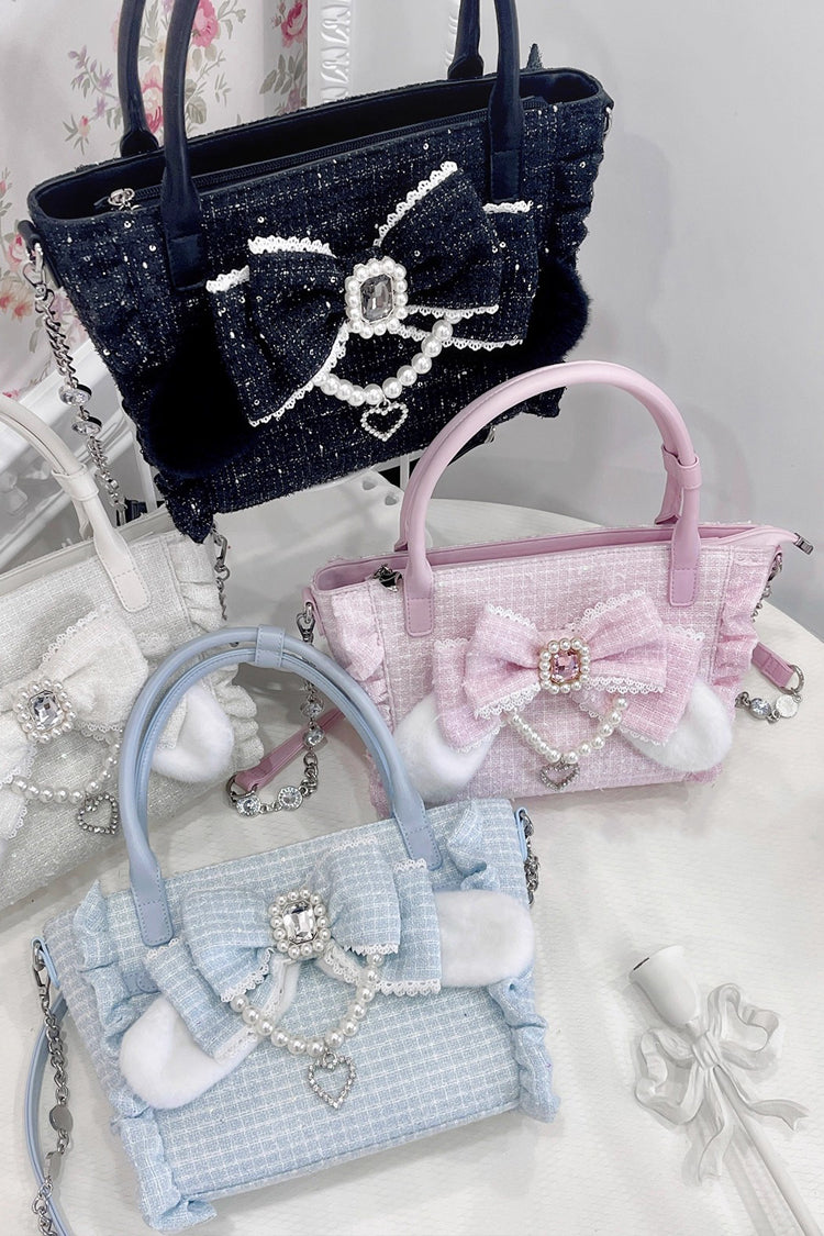 Sweet Ruffle Bowknot Zipper Pearl Chain Japanese Lolita Handbag 4 Colors