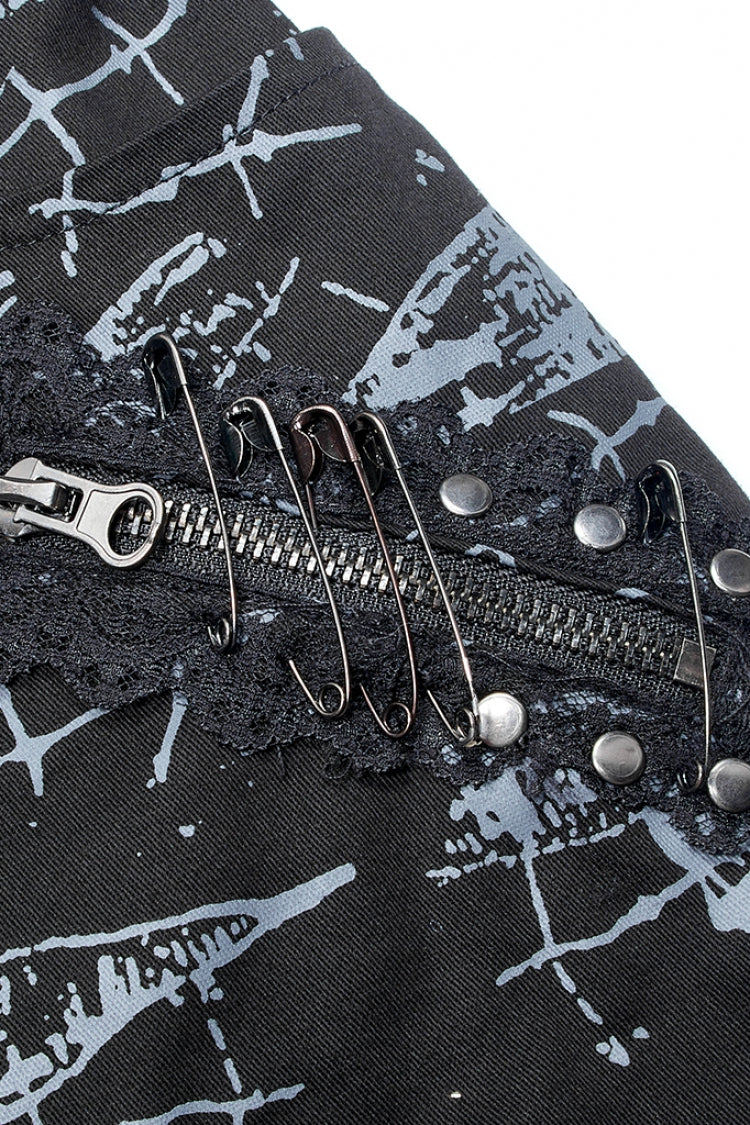 Schwarzer abnehmbarer Gothic-Rock mit Totenkopf-Print für Damen