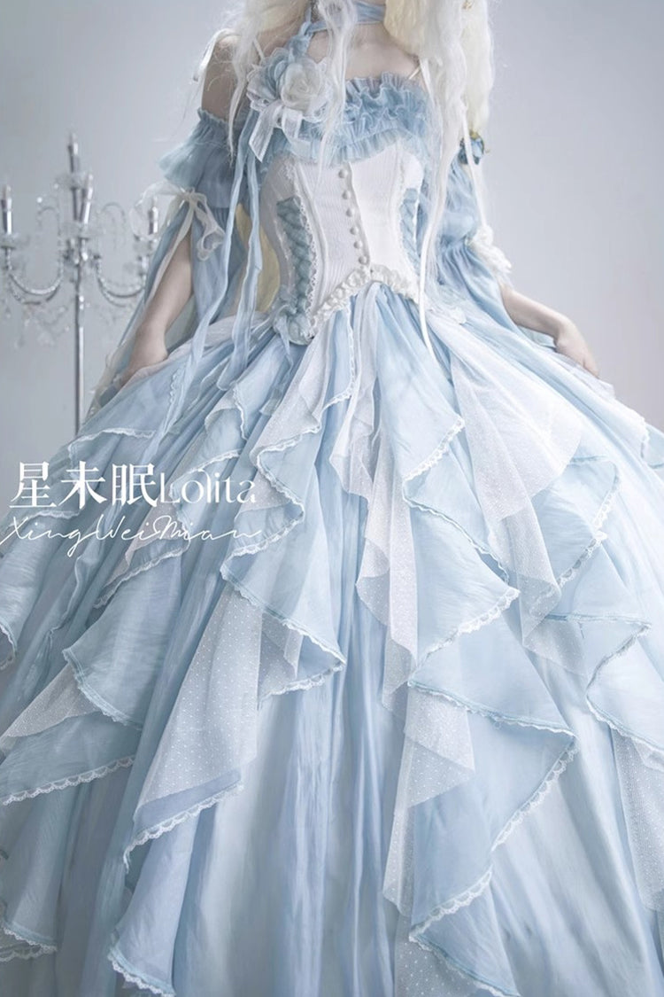 [Praise of the Flower Goddess] Off Shoulder Ruffle Hanayome Bowknot Lace Fishbone Sweet Lolita Jsk Dress 2 Colors