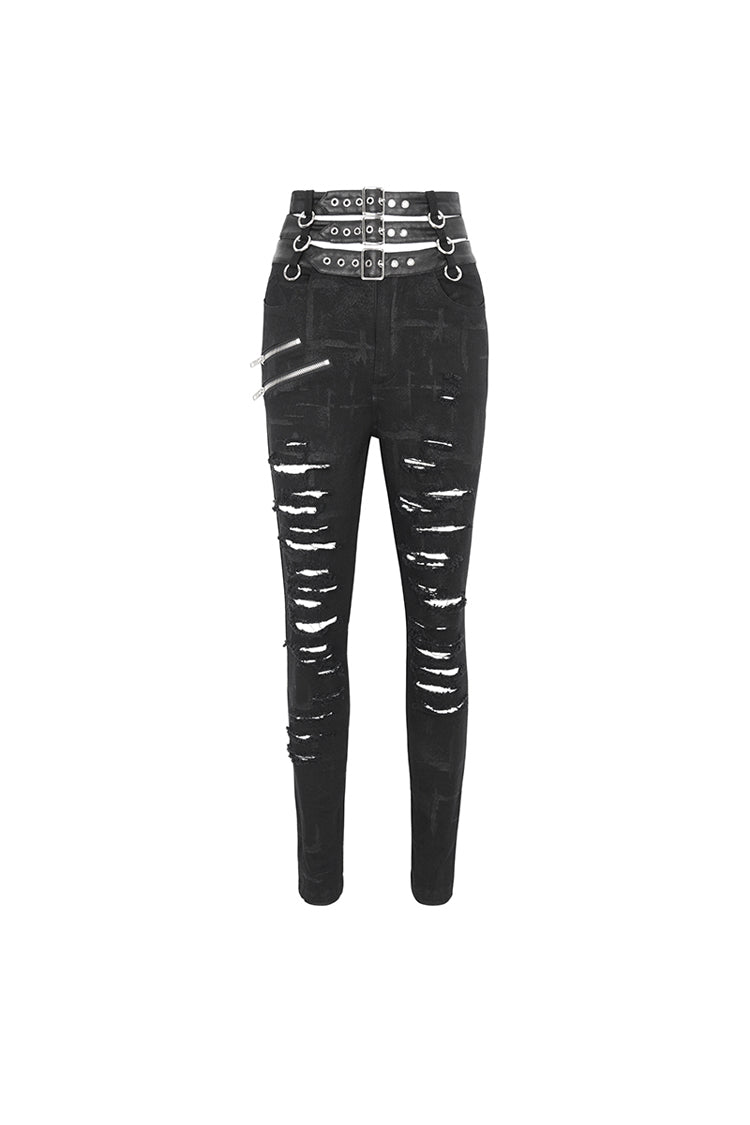 Black High Waisted Loophole Ripped Buckle Women's Punk Pants