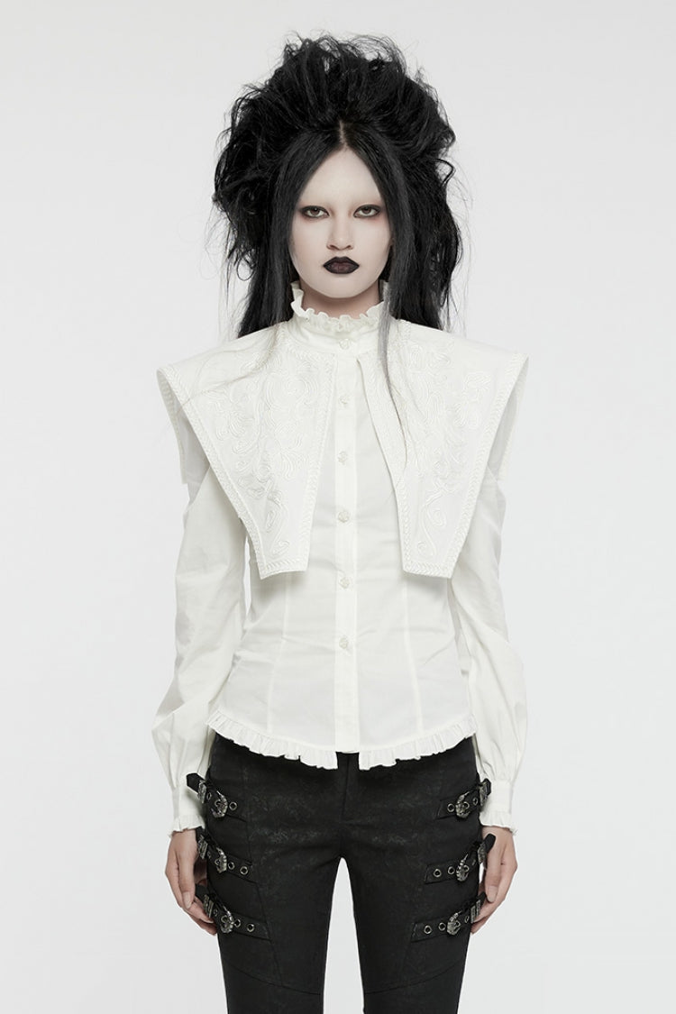 Weiße Gothic-Bluse mit Stehkragen, Rüschen und Schnürung für Damen