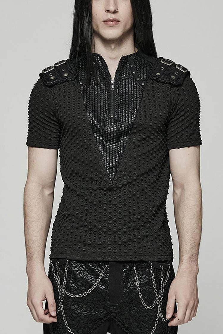 Black Short Sleeves Mesh Bubble Buckle Zipper Mens Steampunk T-Shirt