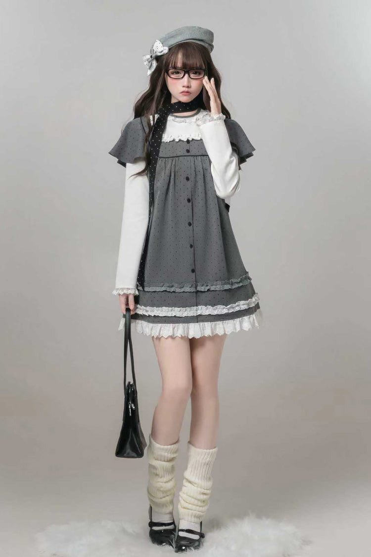 Graues süßes Lolita-Kleid mit quadratischem Kragen, langen Ärmeln und gepunktetem Rüschenmuster