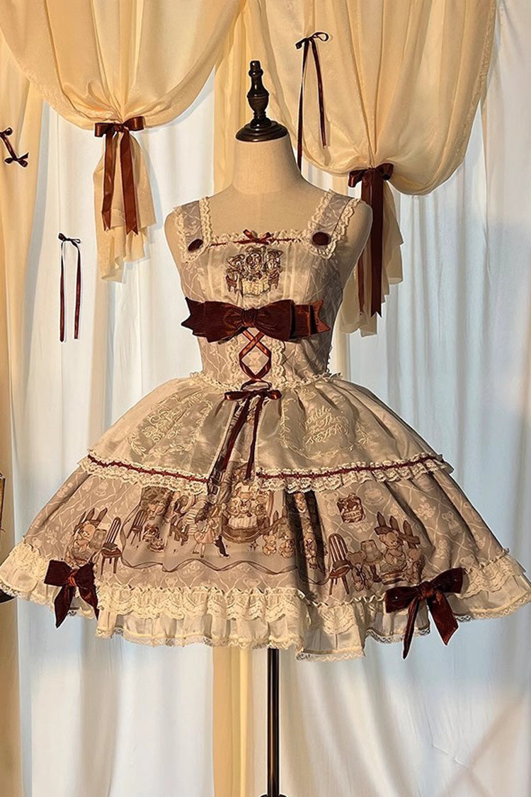[Castle Bear] Sleeveless Print Ruffle Bowknot Lace Sweet Lolita Jsk Dress 4 Colors