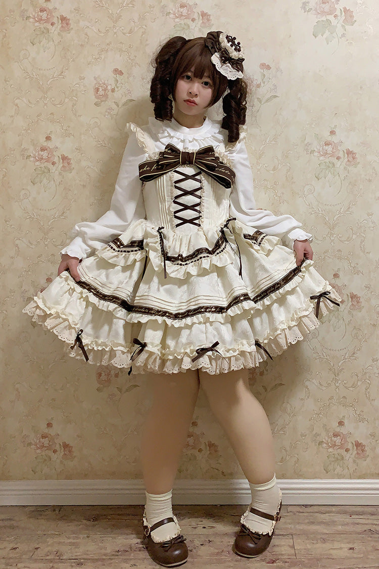 Ivory Chocolate Sleeveless Double-Layered Ruffle Bowknot Sweet Plus Size Lolita Jsk Dress