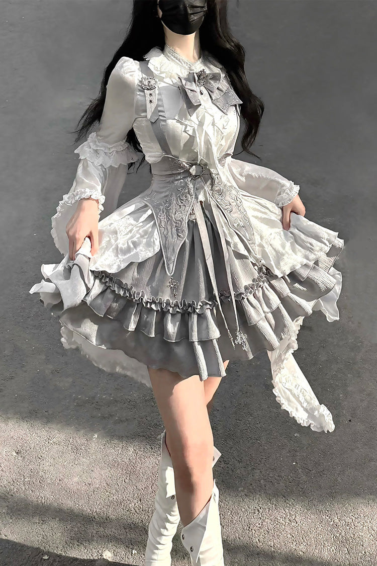 Ensemble de jupe gothique Lolita gothique à manches longues et à volants brodés avec nœud ouvert sur le devant, blanc/argenté [The Silver Key]