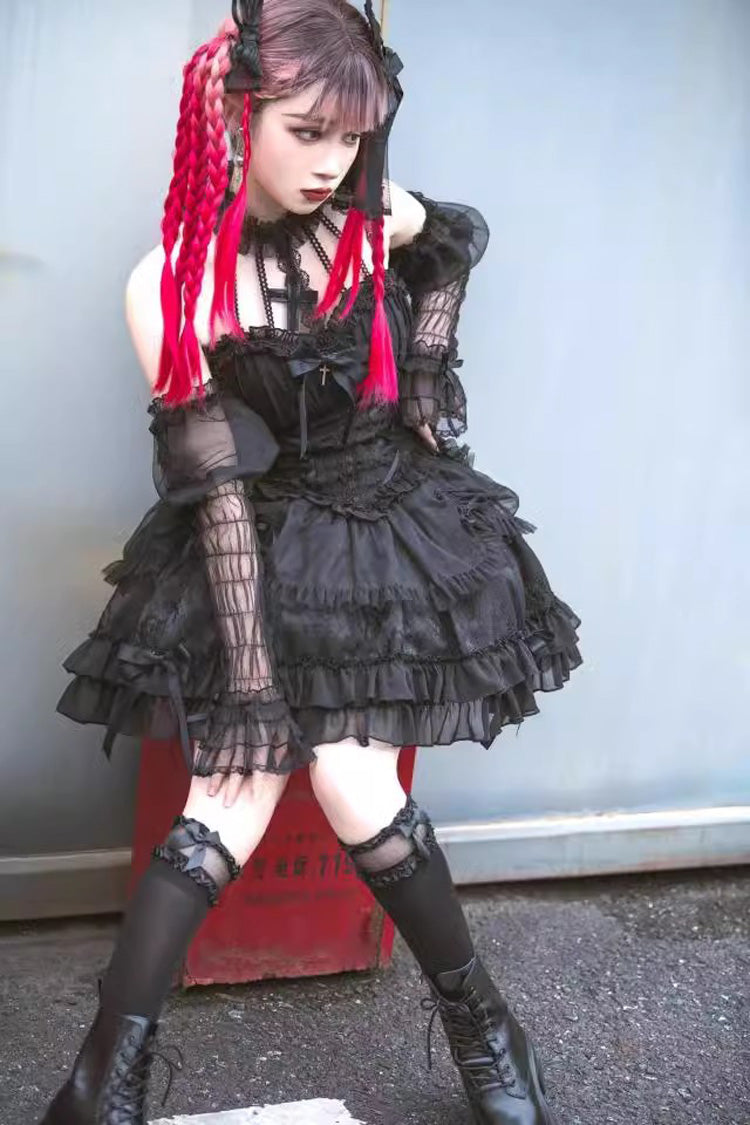 Dark Black Tube Top Sleeveless Blowknot Ruffled Gothic Lolita Tiered Dress