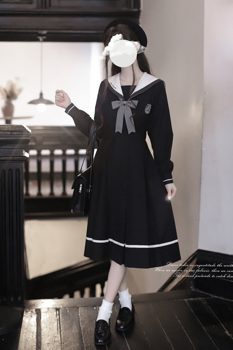 Black Navy Collar Long Sleeves Bowknot Sweet Japanese College Style Elegant Lolita Dress