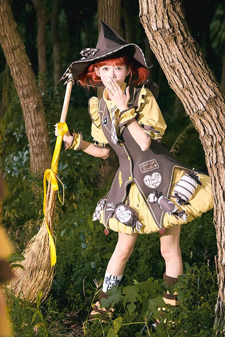 Brown/Yellow [Witch and Paradise] Short Sleeves Ruffle Bowknot Sweet Japanese Halloween Lolita Dress Vest Set