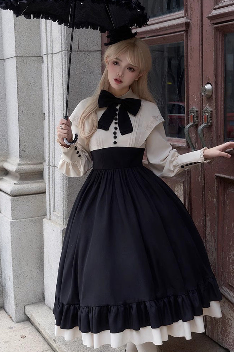 Rose Embroidery Long Sleeves Ruffle Bowknot Fake Two Pieces Elegant Lolita Dress 2 Colors