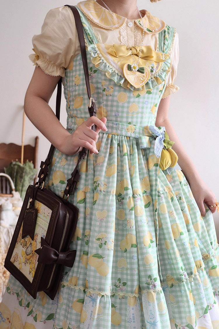 Green [Lemon Chicken] Print Ruffle Bowknot Lace Sweet Lolita Jsk Long Dress