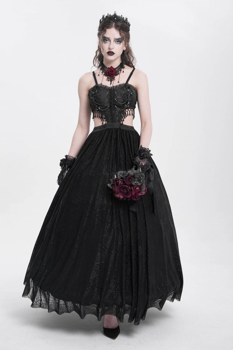 Black Jacquard Floral Embroidery Lace Ripped Women's Gothic Party Slip Dress