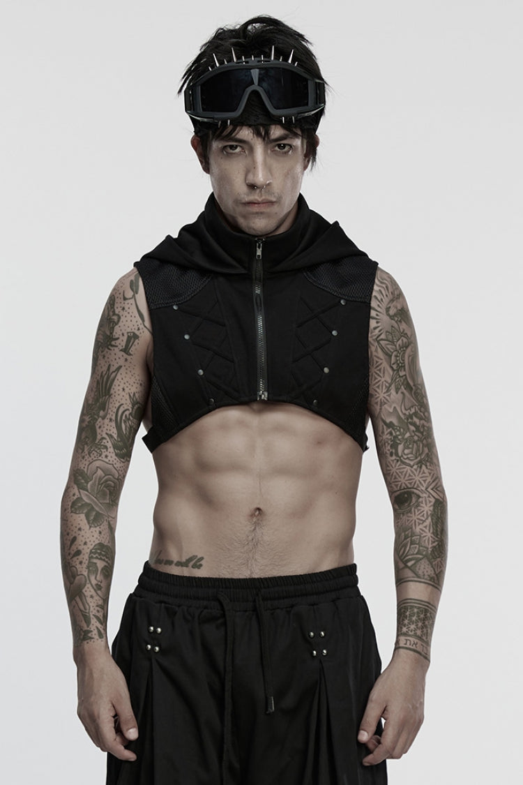 Black Stand Collar Sleeveless Hooded Zippered Men's Punk Vest
