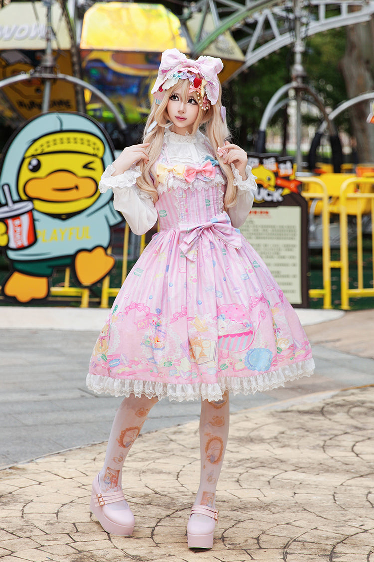 [Macaron Dolly House] Robe Lolita douce à col Claudine, manches courtes, imprimé nœud papillon, 3 couleurs 