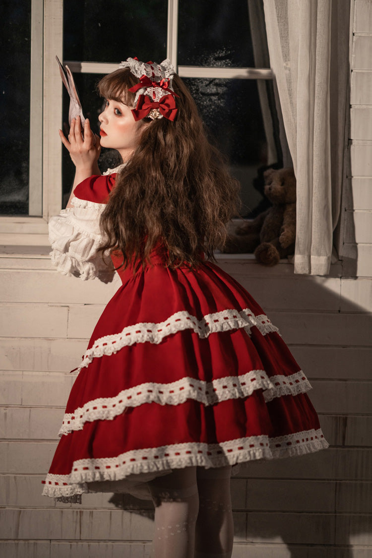 Red Antique Dolls Triple-Layered Bowknot Sweet Lolita Jsk Dress