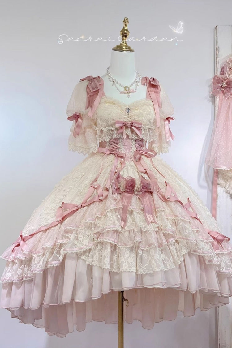 Pink [Diane Rose] Short Sleeves Multi-Layered Jacquard Ruffle Hanayome Cardigan Bowknot Lace Sweet Lolita Dress