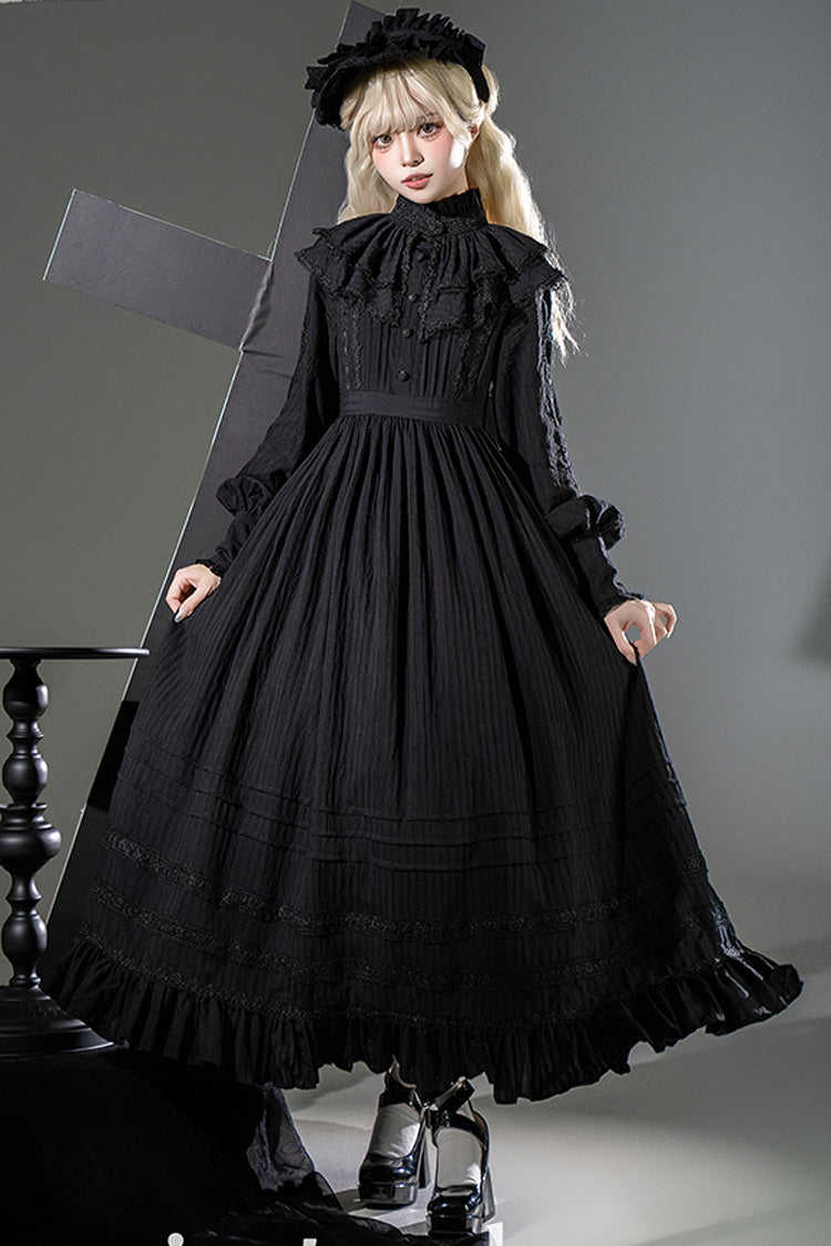 Schwarzes [Quiet Place] Langarm Jacquard Rüschen Stickerei Schleife Gothic Lolita Kleid 