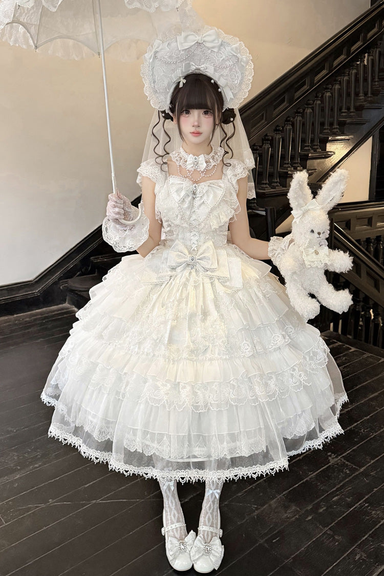 White [Rose Vow] Sleeveless Fitted Waist Bow Lace Ruffled Pearl Detail Sweet Bridal Lolita Jumper Skirt