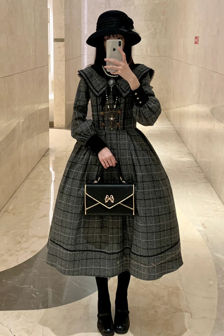 Grey [Fontainebleau] Long Sleeves Plaid Print Bowknot Elegant Sweet Lolita Dress