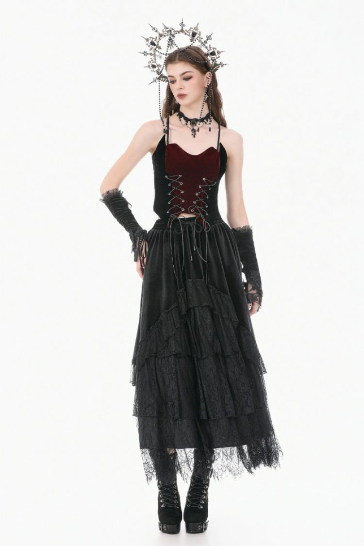 Schwarzer mehrlagiger Gothic-Kuchenrock aus Samt mit Spitzenspleiß und Rüschen und Tunnelzug in der Taille für Damen