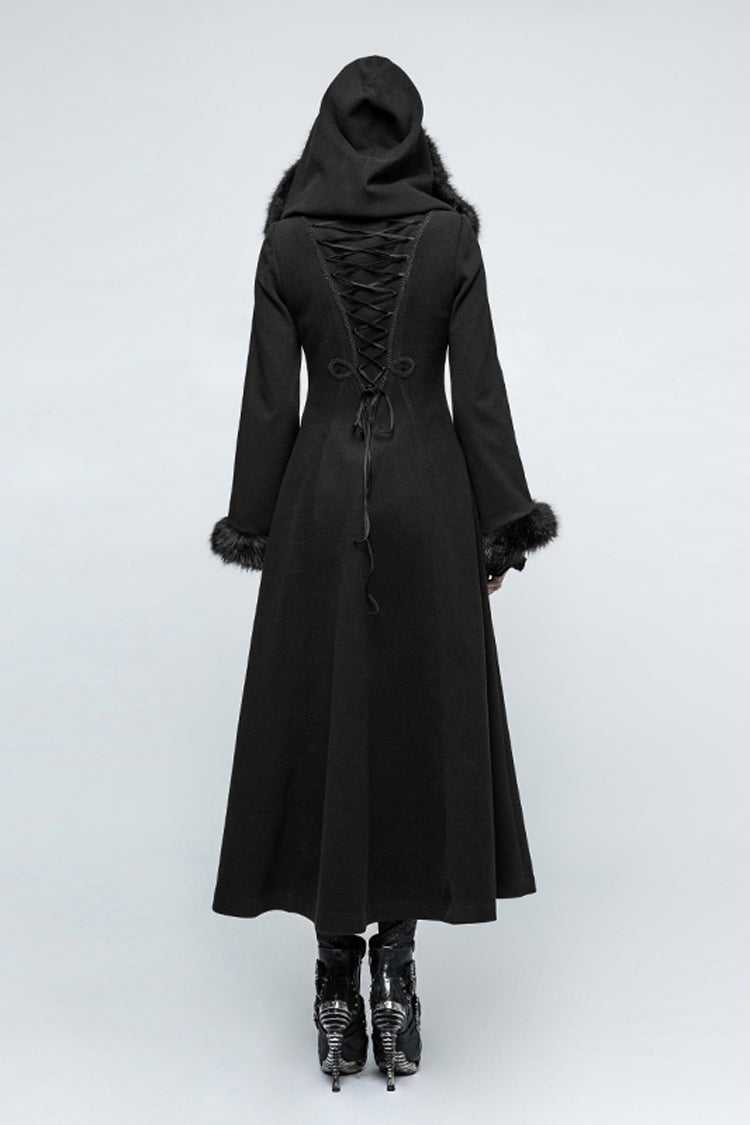 Black Hooded Print Womens Single-Breasted Long Maxi Gothic Coat