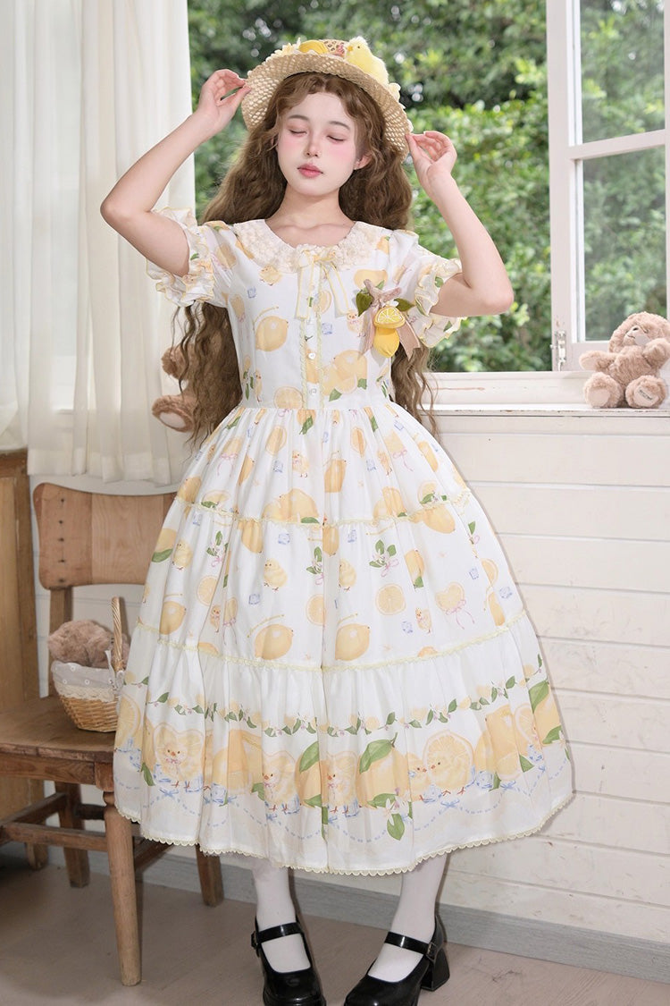 White [Lemon Chicken] Short Sleeves Print Ruffle Bowknot Lace Daily Sweet Lolita Dress