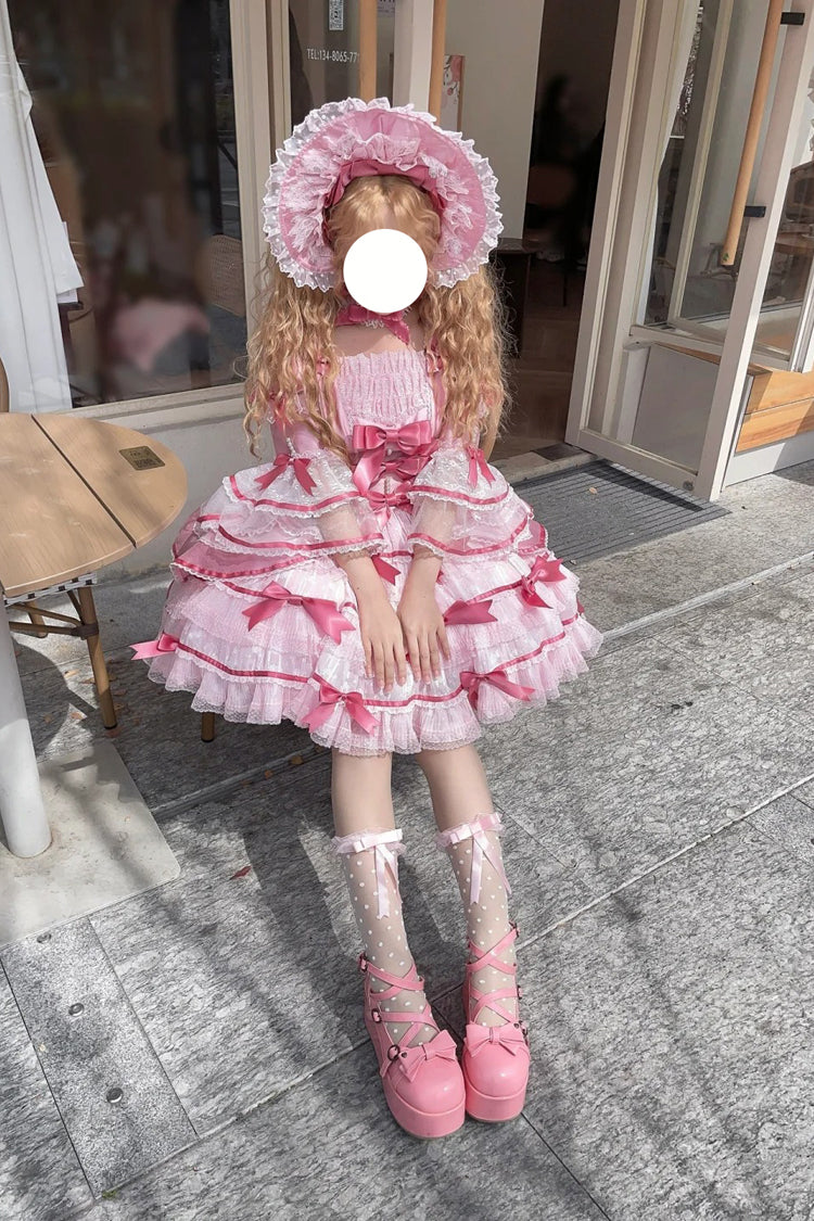 Pink [Velvet Cake] Long Trumpet Sleeves Multi-Layered Ruffle Bowknot Lace Sweet Lolita Dress
