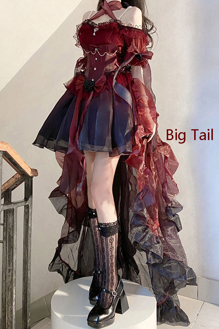 Wine Red Midsummer Dream Short Sleeves Ruffle Hanayome Off-The-Shoulder Gothic Short Lolita Dress